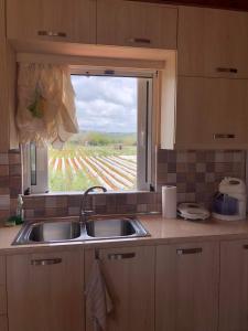 una cocina con fregadero y una ventana con un campo en Kwnstantias Houses 2, en Filiatra