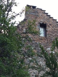 una ventana en el lateral de un edificio de piedra con árboles en Chambre ou gîte dans une maison de montagne - De Suzon à Zélie, en Entraigues