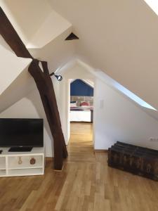 sala de estar con TV y cama en La Manécanterie, en Bourges