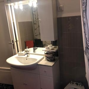 a bathroom with a sink and a toilet and a mirror at Apartment Ponte delle Nazioni in Parma