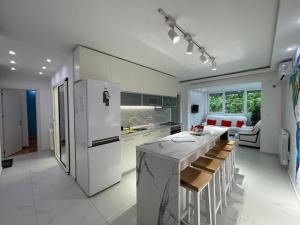 een keuken met een koelkast en een tafel met stoelen bij EVAs WorldMap Apartment in Skopje