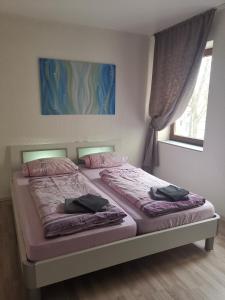 sypialnia z 2 łóżkami pojedynczymi i różową pościelą w obiekcie Ferienhaus Zoe 120 m2 w mieście Solingen
