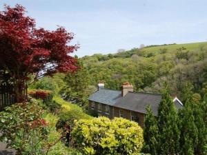 a house in the middle of a hill with trees at Pine Lodge in Lynton