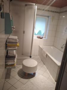 a bathroom with a tub and a toilet and a bath tub at Haus Pfaffenfels in Schönau