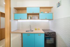 a small kitchen with blue cabinets and a sink at Apartment Hanja in Bar +5 photos