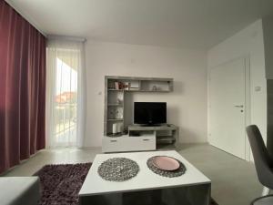 ein Wohnzimmer mit einem Tisch und einem TV in der Unterkunft Holiday Apartment in Sokobanja