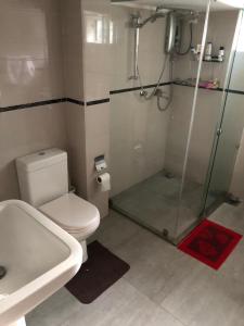 y baño con ducha, aseo y lavamanos. en Central residence Rajagiriya-Entire House, en Sri Jayewardenepura Kotte