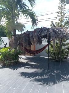a hammock under a thatched roof on a patio at Labrish Guest House in Kingston