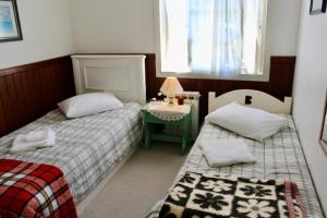 卡内拉Residencial Luíza的一间卧室，有两张床和一张带灯的桌子