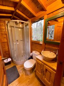 ein Bad mit einer Dusche, einem WC und einem Waschbecken in der Unterkunft Domos Sup3r López in Pesca