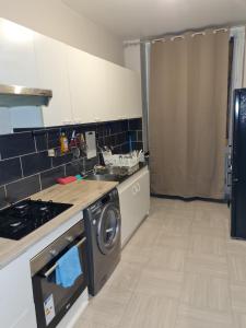 a kitchen with a washer and a sink and a stove at Appartement t2 calme spacieux Saint-Étienne bellevue in Saint Etienne