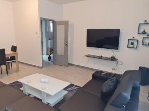 a living room with a couch and a flat screen tv at Appartement t2 calme spacieux Saint-Étienne bellevue in Saint Etienne