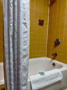 a bathroom with a tub and a shower curtain at Bradley Inn in Windsor Locks
