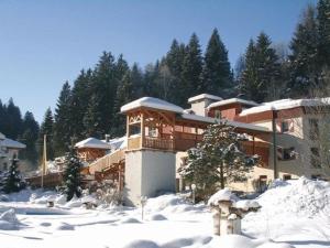 un gran edificio en la nieve con árboles en el fondo en Smileys Kinderhotel, en Trebesing