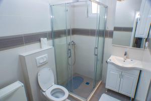 a bathroom with a shower and a toilet and a sink at Apartments KOVAC in Tivat