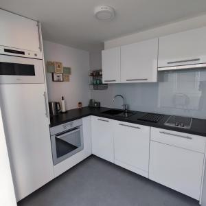 una cocina blanca con armarios blancos y fregadero en Apartment Villa Ksenija, en Ostende