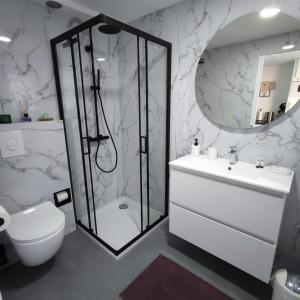 a bathroom with a shower and a toilet and a sink at Apartment Villa Ksenija in Ostend