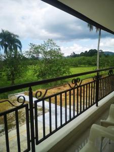einen Balkon mit Blick auf den Fluss und die Bäume in der Unterkunft pié de la montaña 2 in Bonao