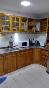 a kitchen with wooden cabinets and a microwave at BE MAISON USHUAIA in Ushuaia +6 photos