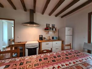 a kitchen with a table and a refrigerator at Ferme rénovée au calme avec internet et grand espace extérieur - FR-1-591-149 in Palluau-sur-Indre
