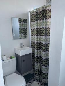 a bathroom with a toilet and a sink and a mirror at Residencial christall ap 2-A in Santiago de los Caballeros