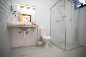 a bathroom with a shower and a toilet and a sink at Teatro Hotel Boutique in Ouro Preto