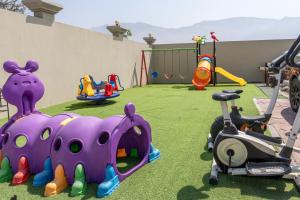 a playground with various play equipment on the grass at Lazeemah Chalet استراحة اللزيمه in Ras al Khaimah