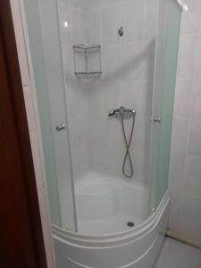 a shower with a glass door in a bathroom at Zhaylau Hotel in Shchūchīnsk