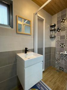 a bathroom with a white sink and a shower at ShinYuan BNB in Chaozhou