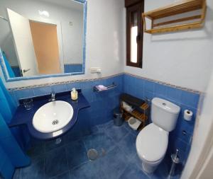 a bathroom with a sink and a toilet and a mirror at Reyno de Baeza in Baeza