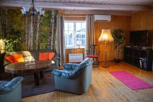 a living room with a couch and a table at Trollforsen Camping & Cottages in Gargnäs