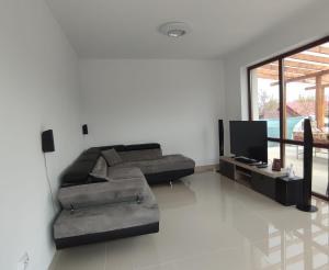 a living room with a couch and a flat screen tv at Agropensiunea DAVID SI MARIA in Niculiţel