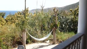 a hammock hanging between two trees on a balcony at Pomos Harbourbiew Villa in Pomos