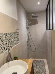 La salle de bains est pourvue d'une douche et d'un lavabo. dans l'établissement Le Studio de l'Olivier, à Courcelles-sur-Seine