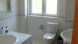 a bathroom with a toilet and a sink and a window at Pomos Harbourbiew Villa in Pomos