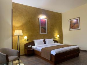 um quarto de hotel com uma cama e uma cadeira em Ararat Hotel em Yerevan