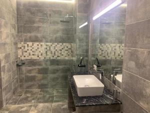 y baño con lavabo y ducha. en Ararat Hotel, en Ereván