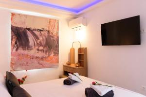 a bedroom with a bed with a tv on the wall at Luxury Lake View in Agios Nikolaos