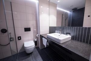 een badkamer met een wastafel, een toilet en een spiegel bij The Gold Bank in Praag