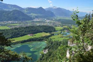 a view of a valley with lakes and mountains at Gruberhof in Reith im Alpbachtal