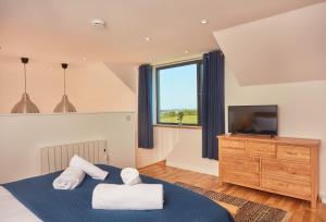 a bedroom with a blue bed and a television at The Larches in St. Agnes