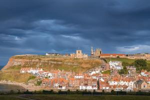 a town on top of a hill with a castle at La Rosa Hotel in Whitby
