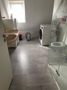 a bathroom with a toilet and a sink and a microwave at Bürgerstüble in Donaueschingen