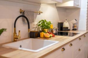 a kitchen counter with a sink and fruits and vegetables at Apartament Kasztelan in Ustrzyki Dolne