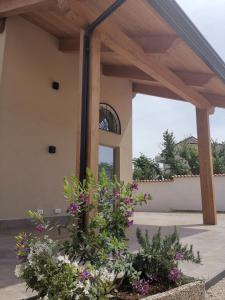 patio z drewnianą pergolą i kwiatami w obiekcie Amy Dreams w mieście Ottaviano