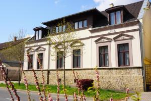 duży biały dom z drzewem przed nim w obiekcie Centro Panzió w mieście Zalaegerszeg