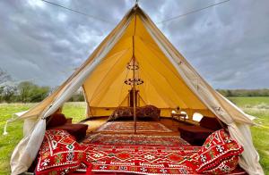 uma tenda amarela com uma cama num campo em Hartridge Springs em Honiton