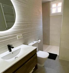bagno con lavandino, servizi igienici e specchio di Apartamentos Aranda - VUT- La Cepa I - II ad Aranda de Duero
