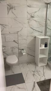 a bathroom with a white toilet and marble walls at Elegant Studio fully furnished apartment! @Zürich 4 in Zurich