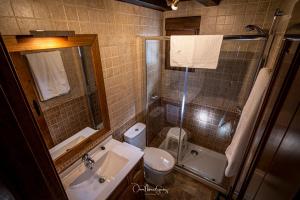 een badkamer met een wastafel, een toilet en een douche bij Casa Rural "La Noria" in El Puente